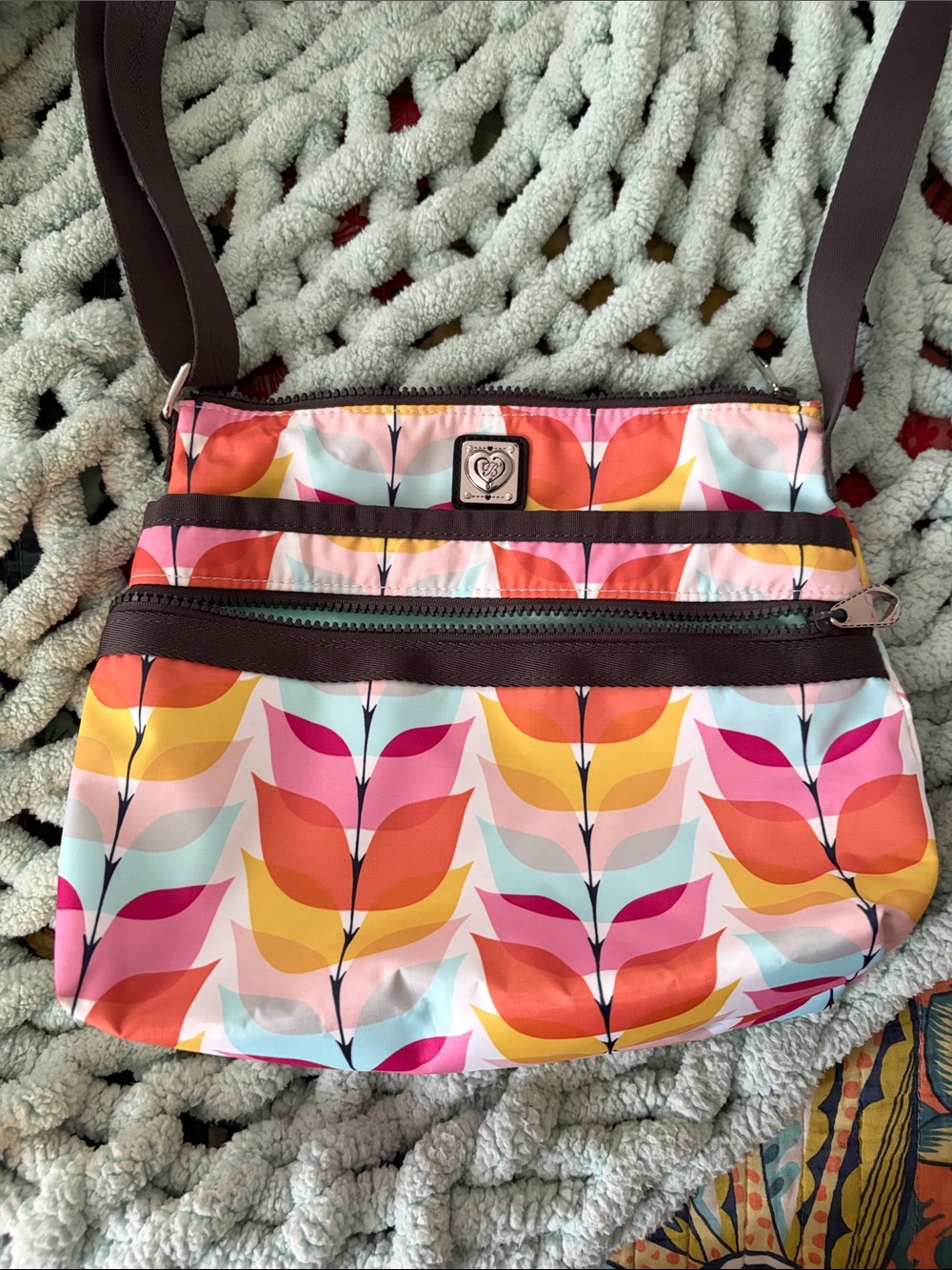 Brighton Multicolor Leaf-Print Crossbody Bag with Brown Trim